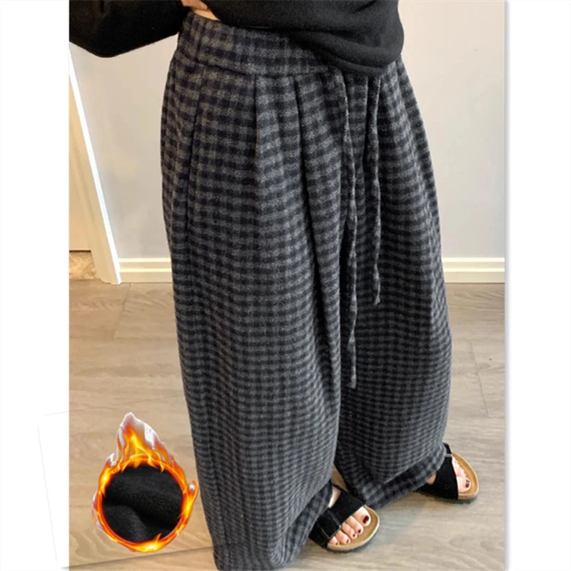加绒加厚复古高级格子裤秋冬高腰宽松显瘦纽扣抽绳阔腿裤