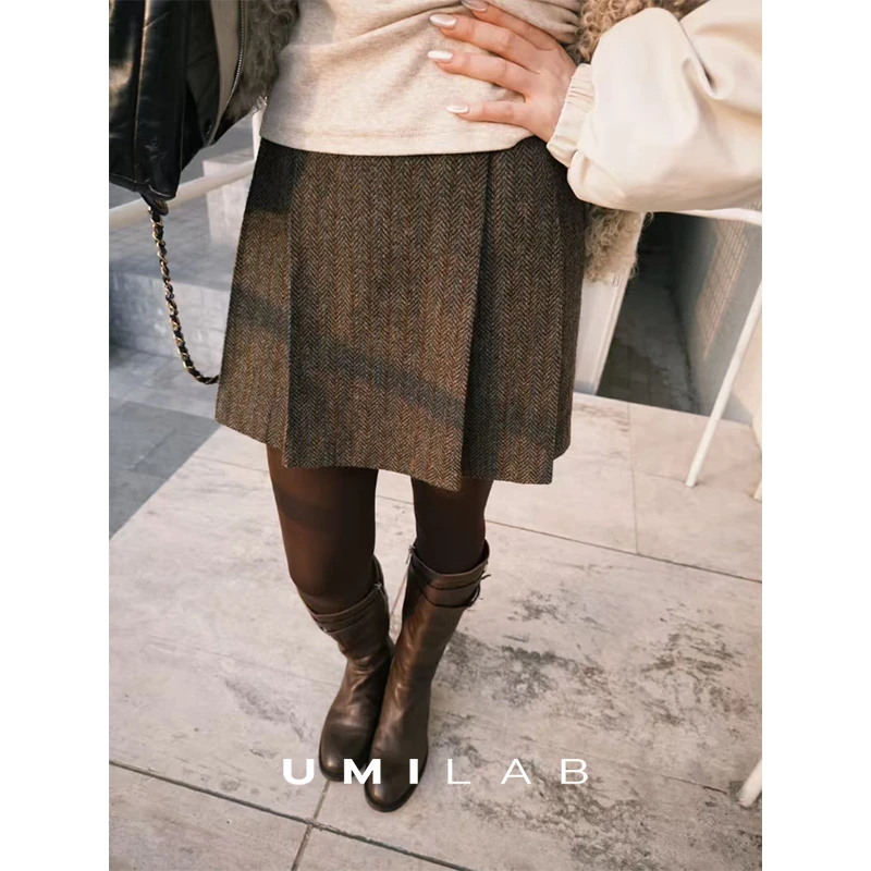 UMILAB｜幻棱*高智时髦 复古花纱人字纹内加短裤显瘦羊毛半裙D837W