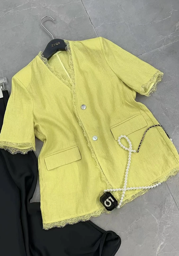 蕾丝V领洋气亚麻051-100百搭小香风