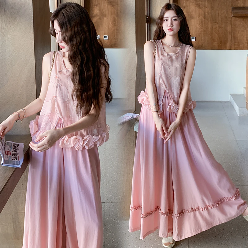 粉色花苞无袖背心阔腿裤两件套女夏季轻熟小众不撞款绝美漂亮套装