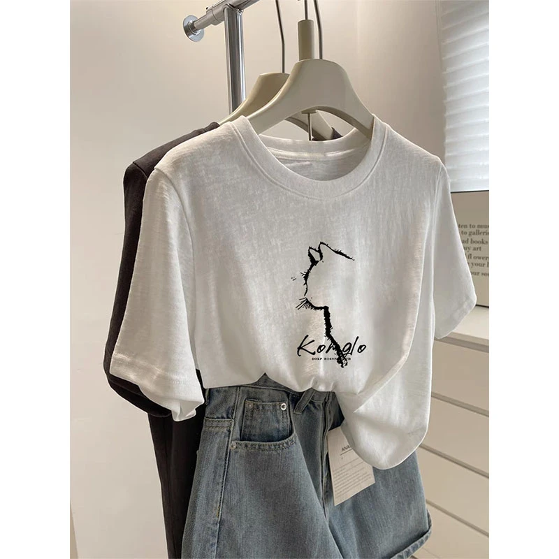 不撞款圆领雪花棉正肩短袖t恤女小众优质棉直筒版型时尚显瘦白色