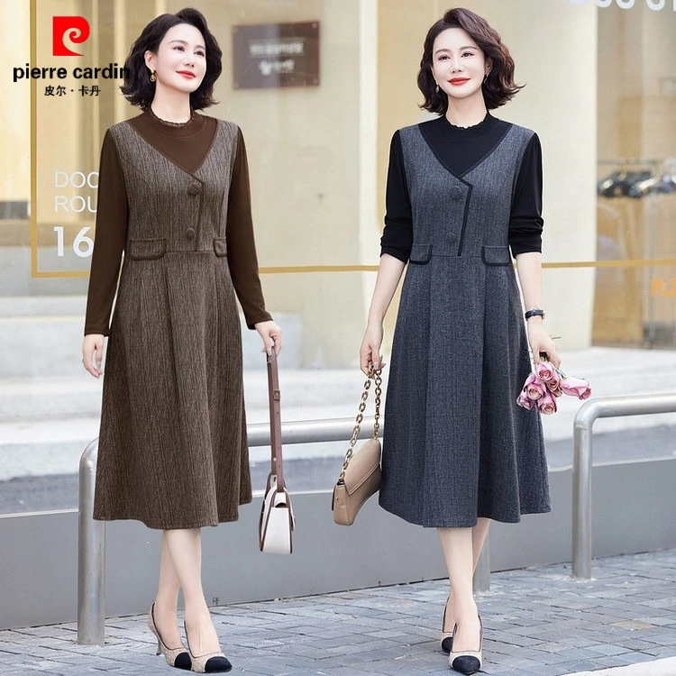 皮尔卡丹妈妈春秋连衣裙2025新款40岁50中老年洋气长袖时尚雪纺裙