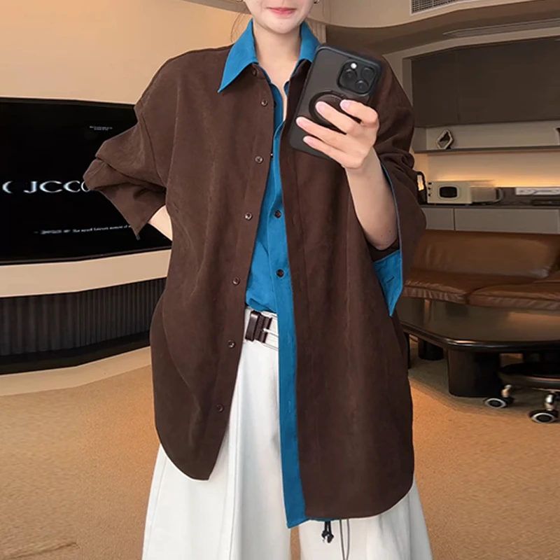 韩系翻领衬衫女2025秋季新款小众洋气时尚百搭通勤拼色假两件上衣