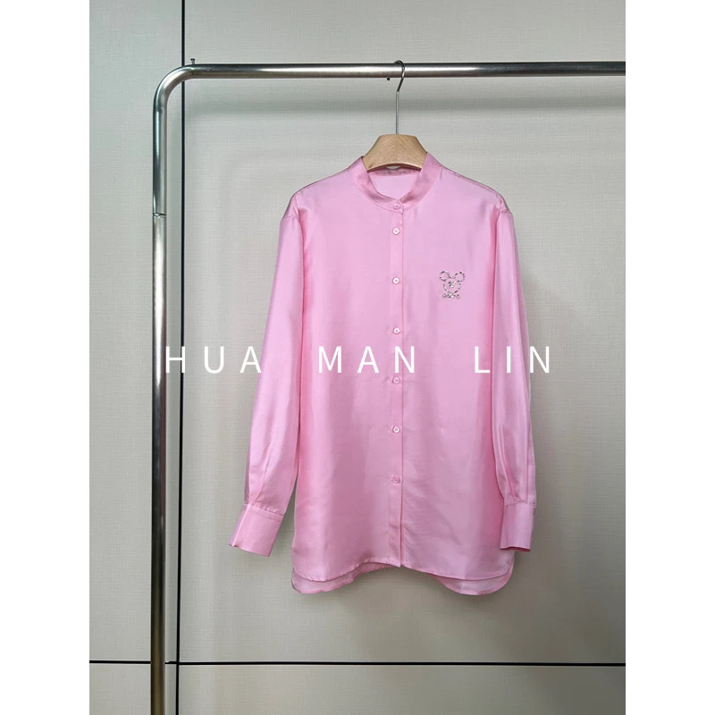【花满林】小立领烫钻小熊26MM斜纹绸真丝桑蚕丝粉色上衣255702
