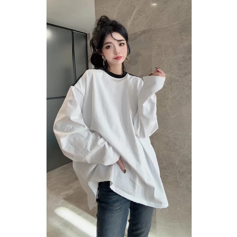欧货2025秋冬新款中长款圆领宽松卫衣女拼接长袖大板欧货白色T恤