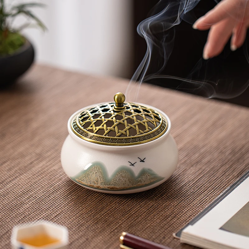 万里山河陶瓷盘香炉家用室内檀香沉香香薰炉创意茶室文房熏香摆件