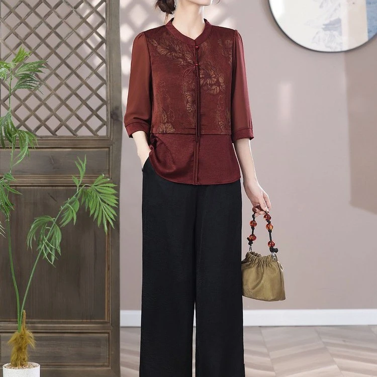 中年妈妈夏装2025新款上衣裤子洋气中老年女装高贵小衫套装新中式