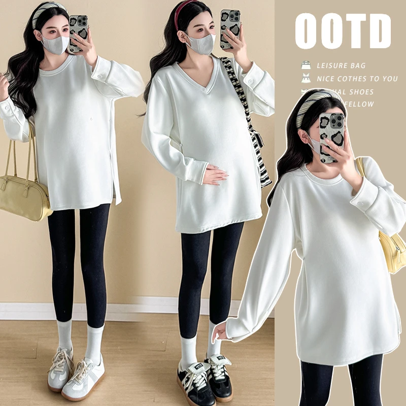 孕妇装V领春装衬衫袖时尚侧开叉宽松卫衣女慵懒风显瘦圆领中长款