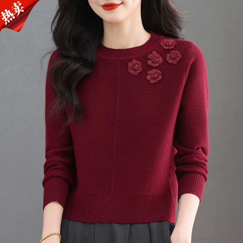 【原版正品】羊毛衫女秋冬短款洋气减龄立体花朵纯色圆领针织毛衣薄