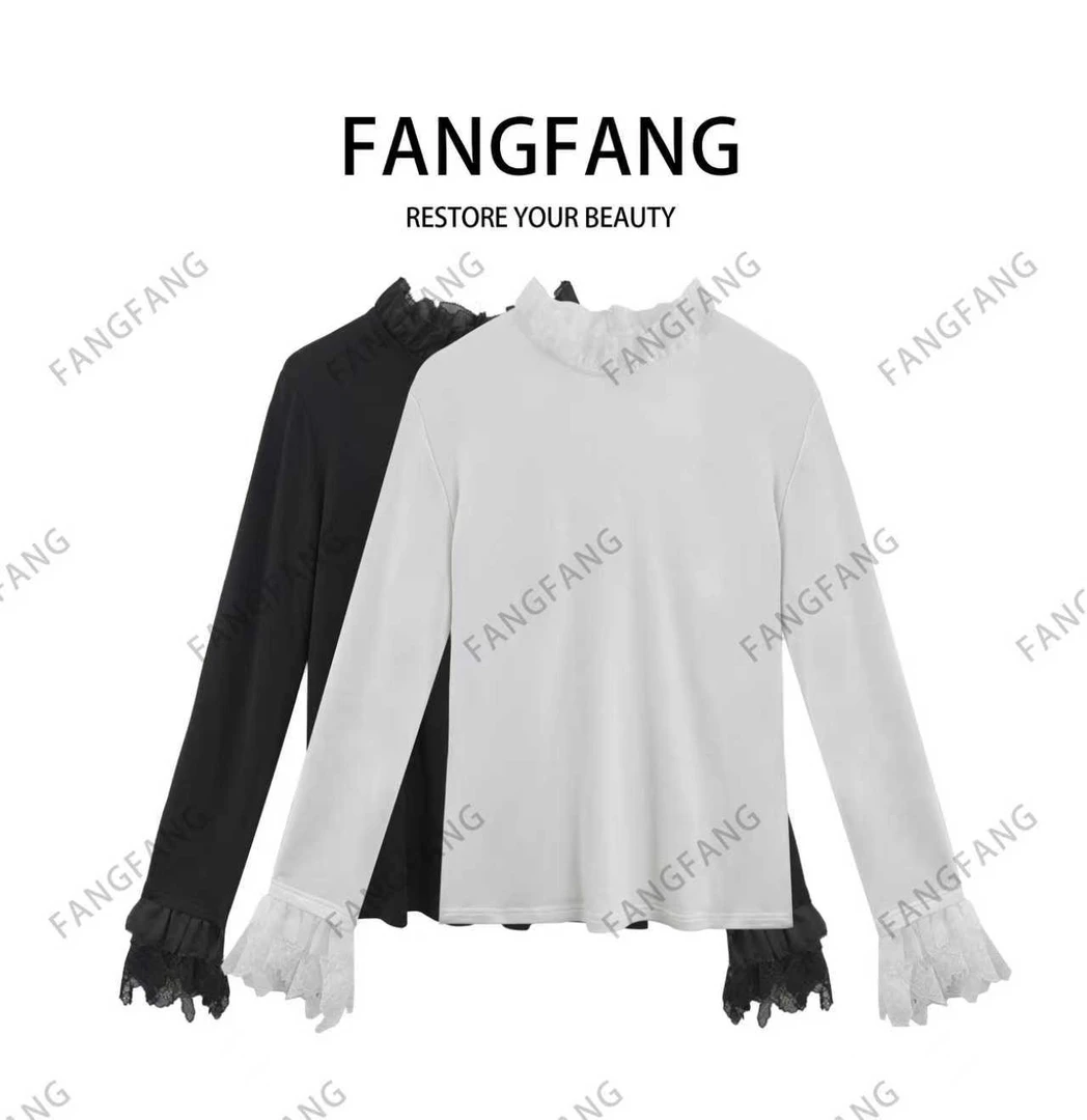 F.F长袖修身型印花花瓣领T恤户外女款圆领休闲百搭上衣6139