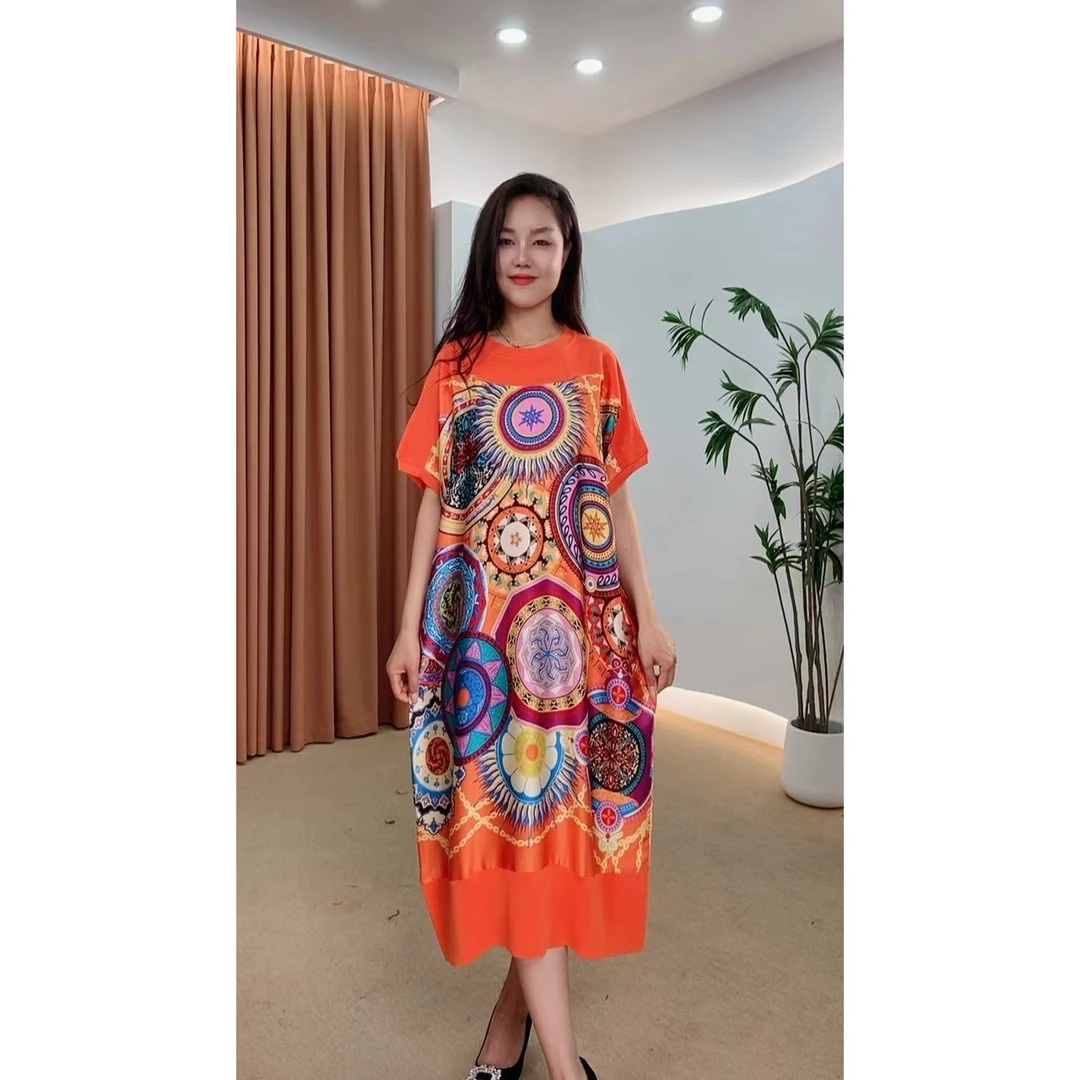 073号女装复古夏季气质优雅印花连衣裙显瘦气质大摆裙长款时尚