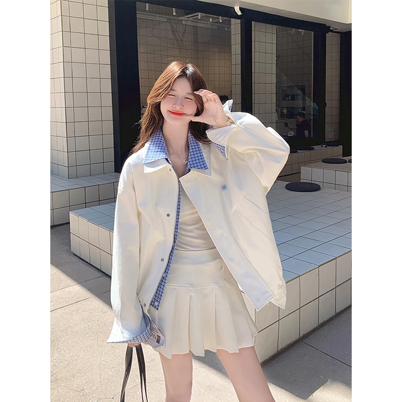 蓝白格子撞色翻领刺绣假两件夹克外套女时尚设计感宽松休闲上衣秋