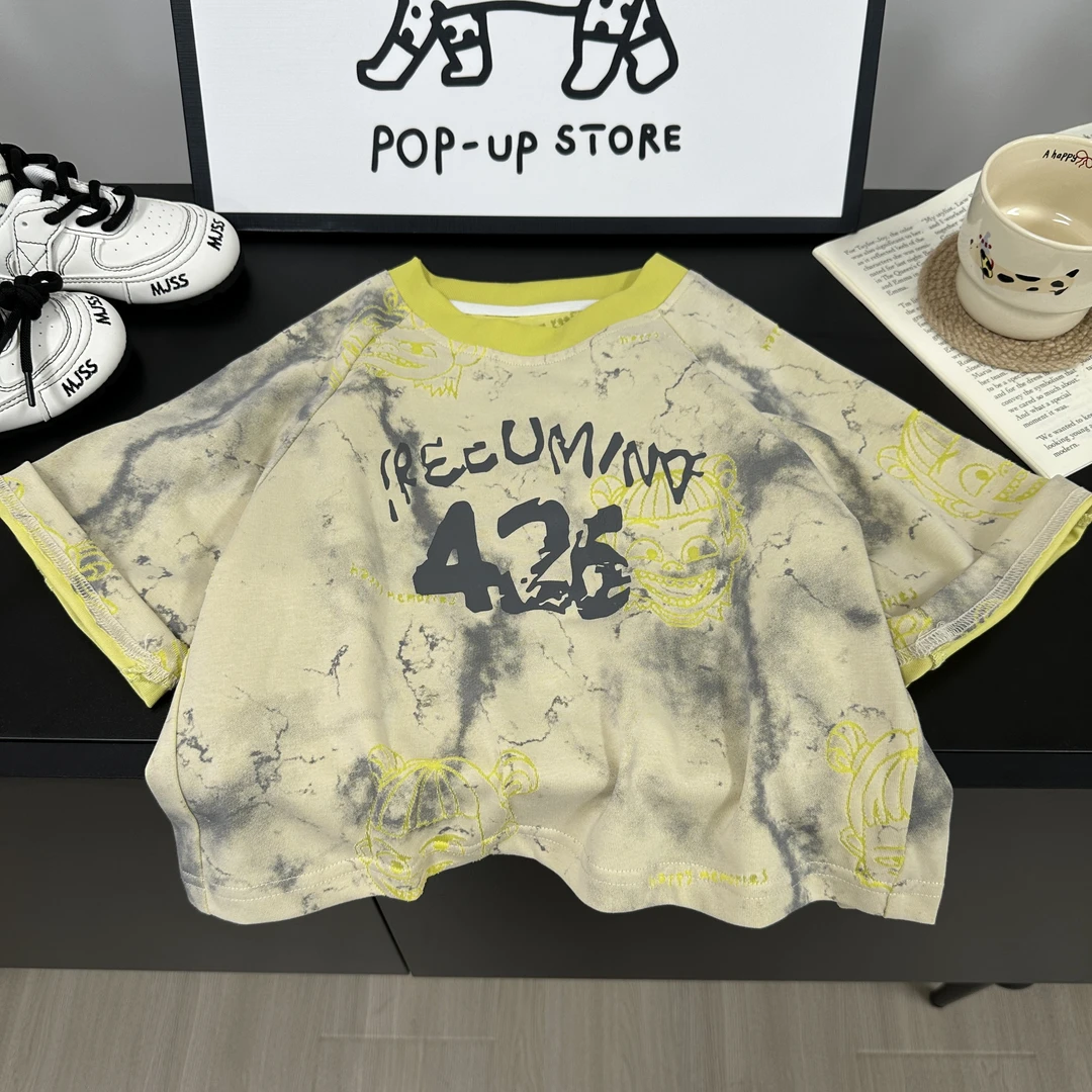 现货【仟与】儿童T恤夏季新款男童短袖韩版欧若风墨染哪吒字母AX916