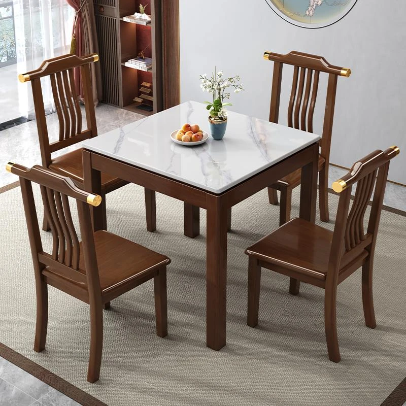新中式岩板小方桌实木餐桌家用正方形小户型吃饭桌子组合现代简约