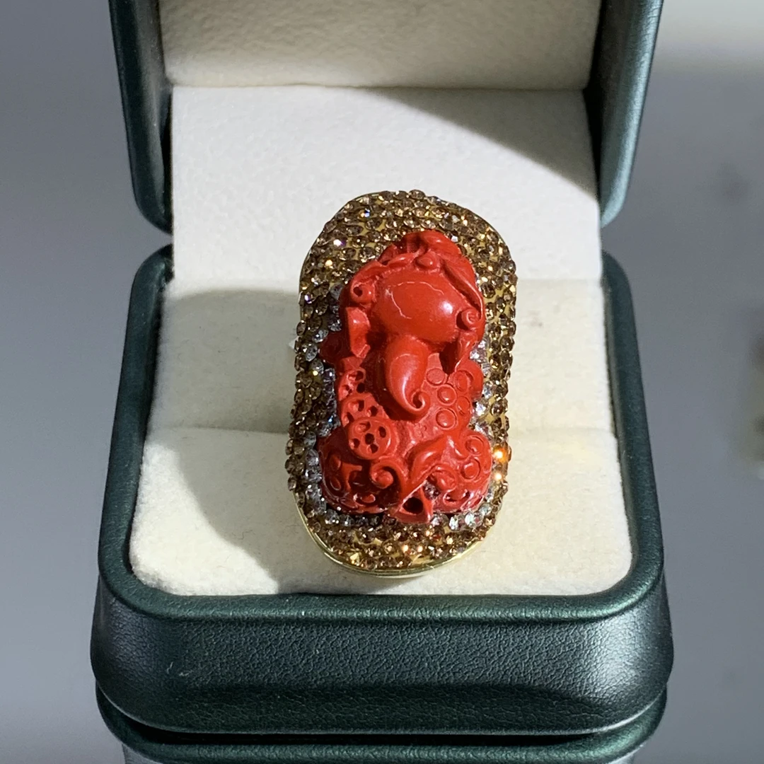 铜合金合成锆石戒指 TTSD 红色雕刻貔貅重工时尚戒指 558