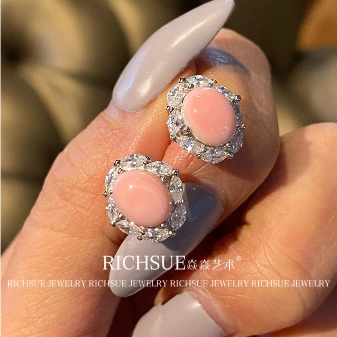 非金属合成锆石耳饰 RICHSUE 精致甜美粉色耳钉 s925银 日常