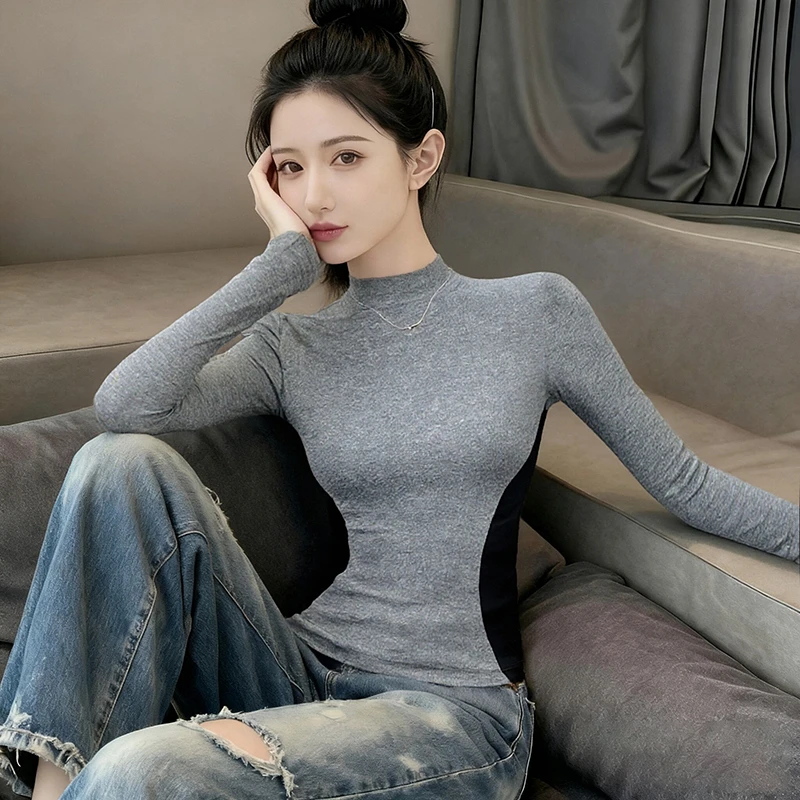 秋冬新款半高领撞色长袖女黑拼暗灰高级感显瘦修身打底衫内搭上衣