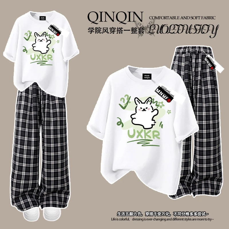 线条小狗印花夏季潮流女童纯棉t恤短袖长裤套装宽松百搭格子裤ins