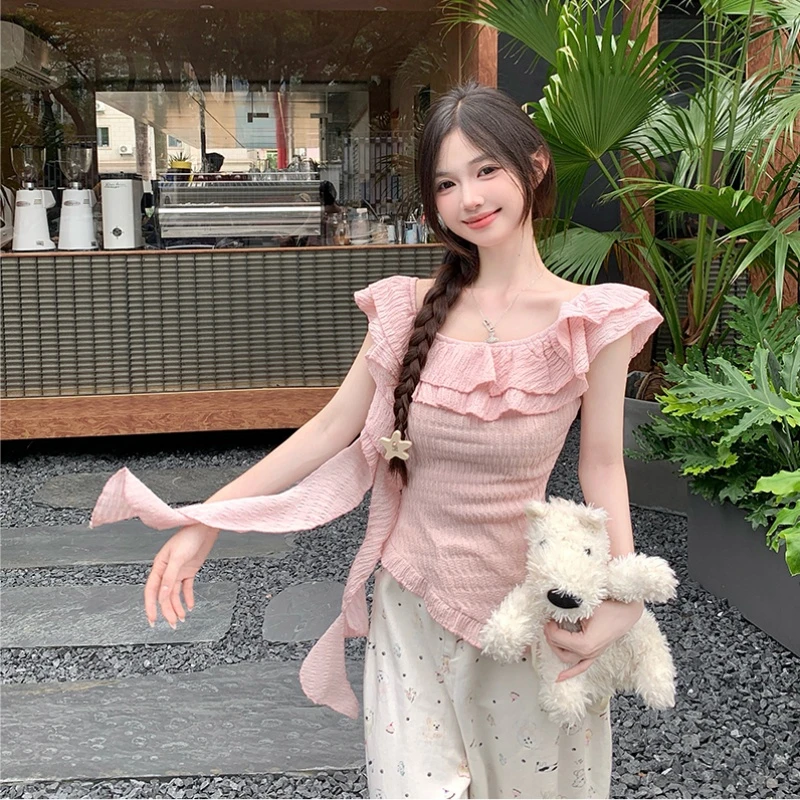 荷叶边针织衫女夏季新款不规则设计感修身上衣