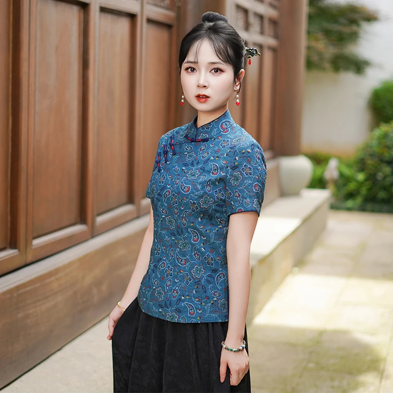 筠雅夏季新款新中式国风蓝色上衣民国复古唐装女装薄款短袖25J168