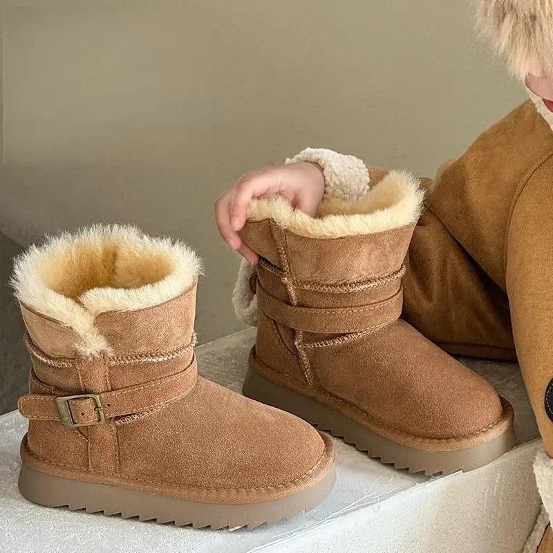 ABC女童雪地靴2025新款冬季大棉鞋男童中筒加绒加厚靴子皮毛一体