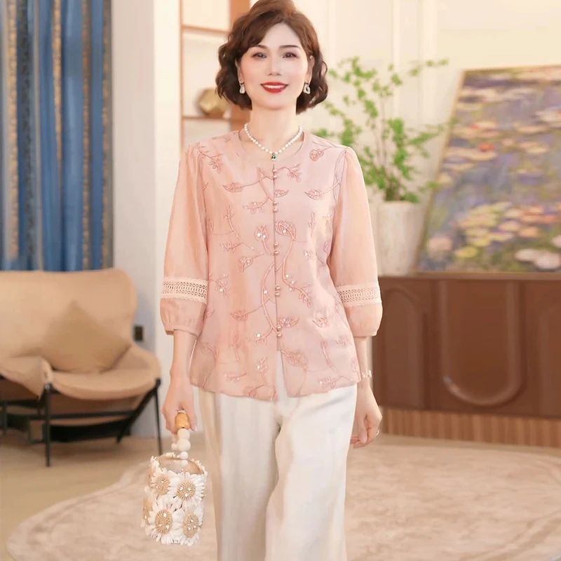 妈妈夏装时尚衬衫T恤2025新款洋气中老年女装衬衣宽松大码两件套