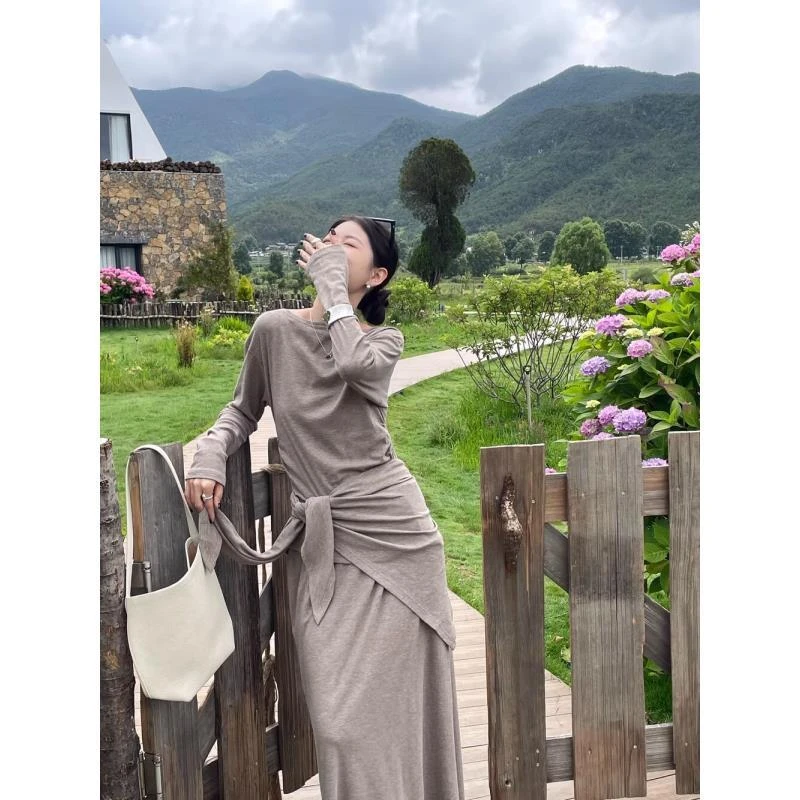 韩系慵懒风休闲穿搭套装披肩长袖针织衫两件套女装秋季裙子半身裙