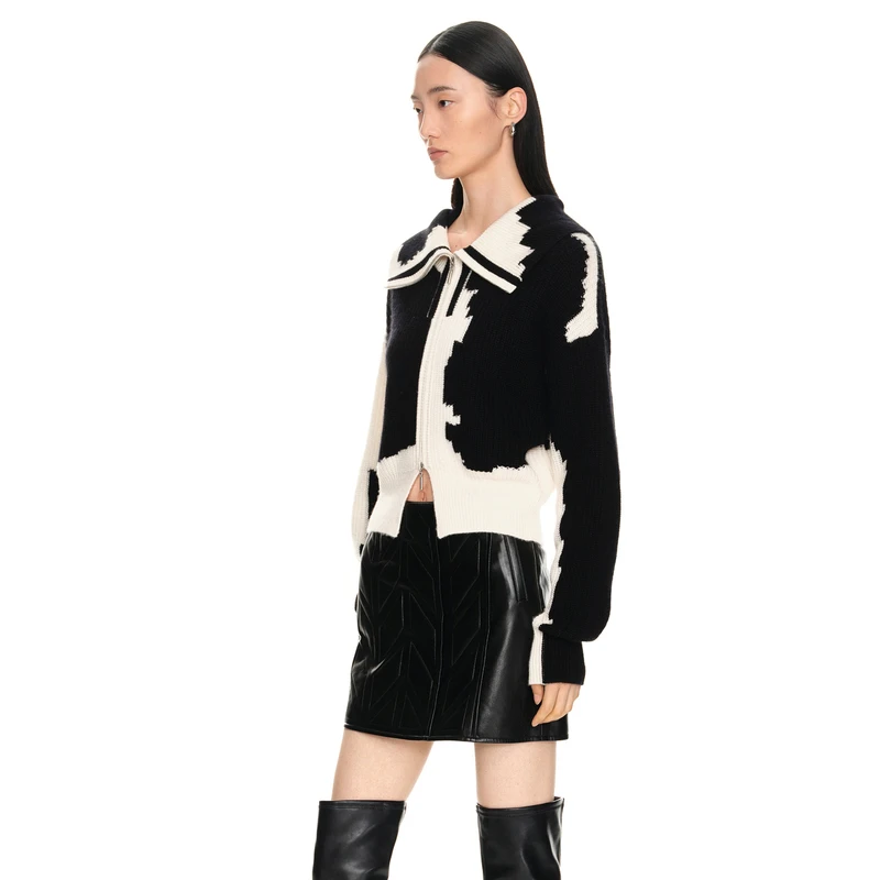 H·GENTEEL荷高23新冬女复古撞色罗纹拉链式针织衫GZD43650782