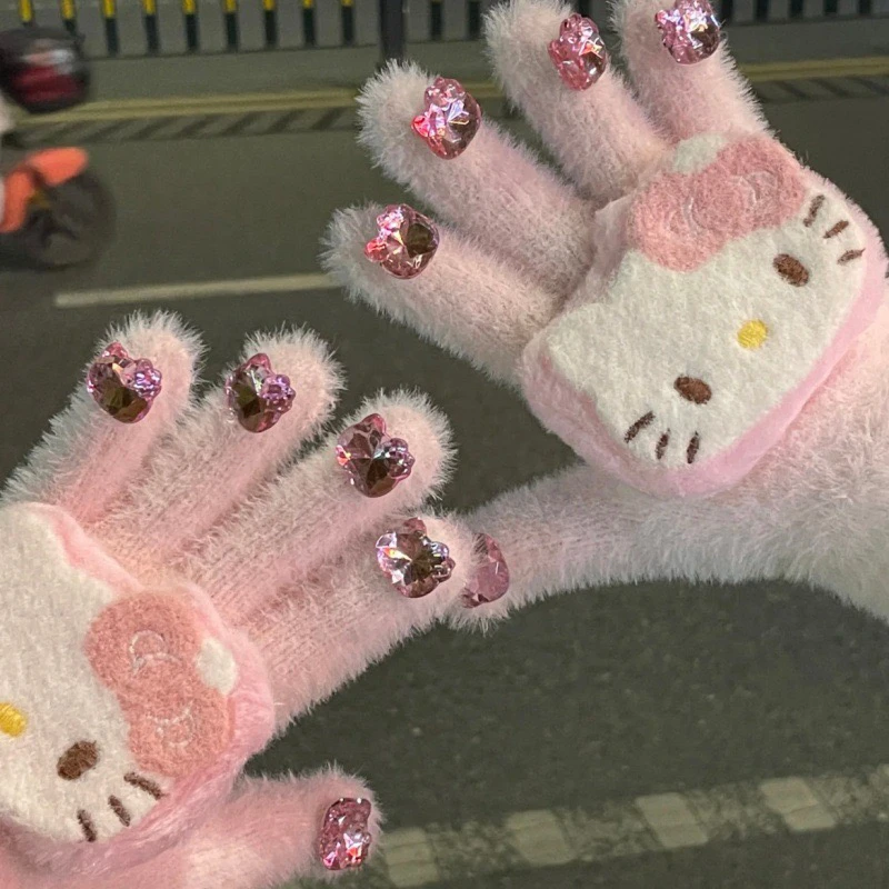 kt猫钻石毛线手套保暖冬防冻HelloKitty女防寒学生骑行骑车仿兔