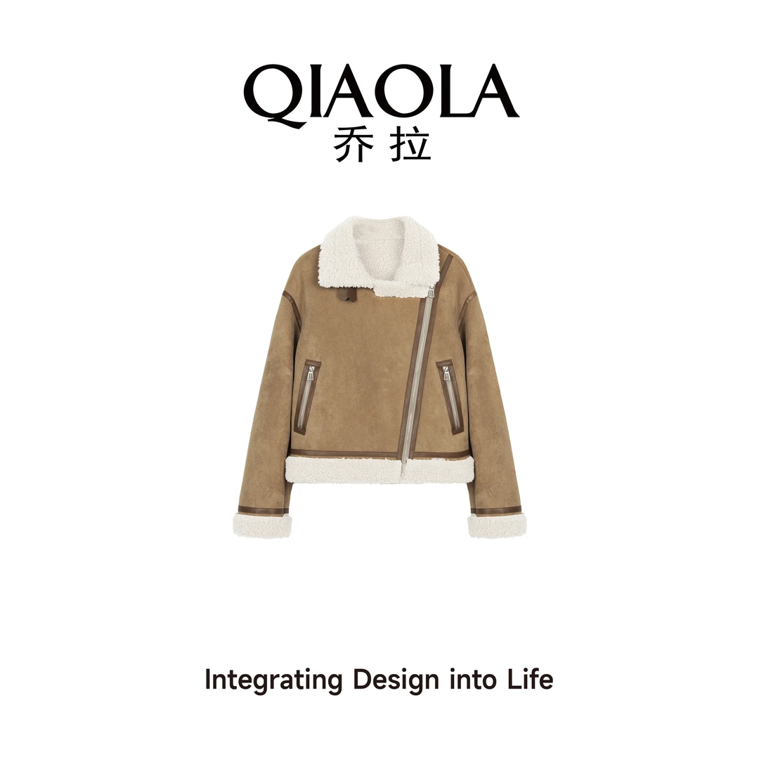 QIAOLA/乔拉【芬兰暖冬】秋冬季仿鹿皮羊羔毛翻领百搭短外套预售