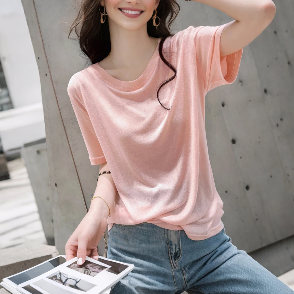 纯色薄款竹节棉短袖t恤女夏季新款宽松休闲显瘦圆领正肩洋气上衣
