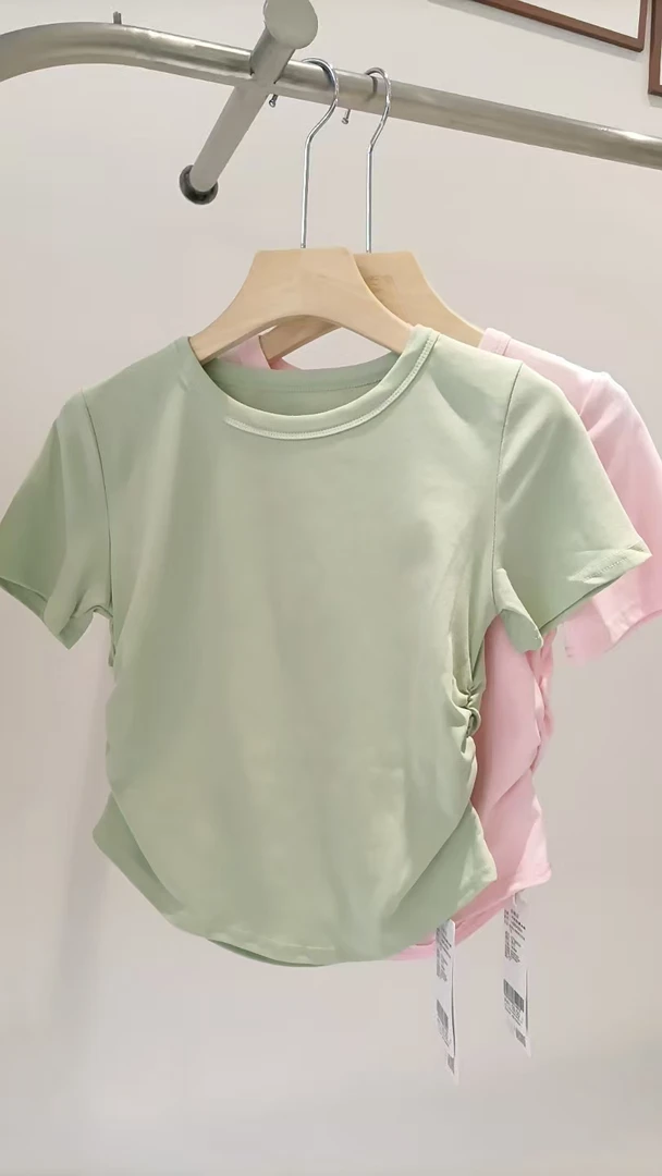 二号街角圆领收褶糖果色短袖T恤