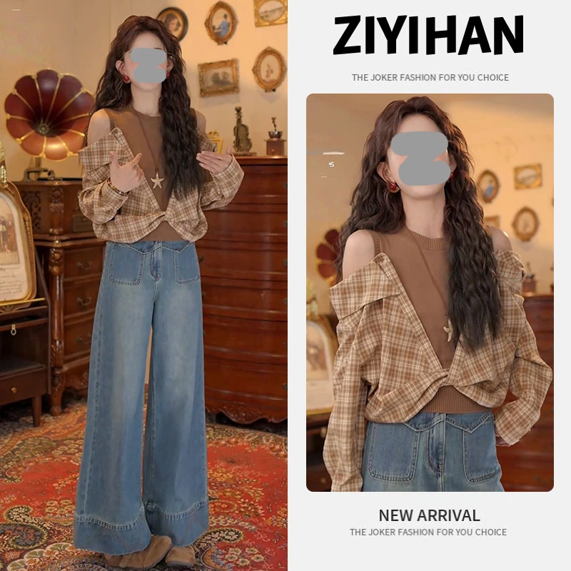 港风复古时髦两件套女2025秋季新款假俩件衬衫气质牛仔裤时尚套装