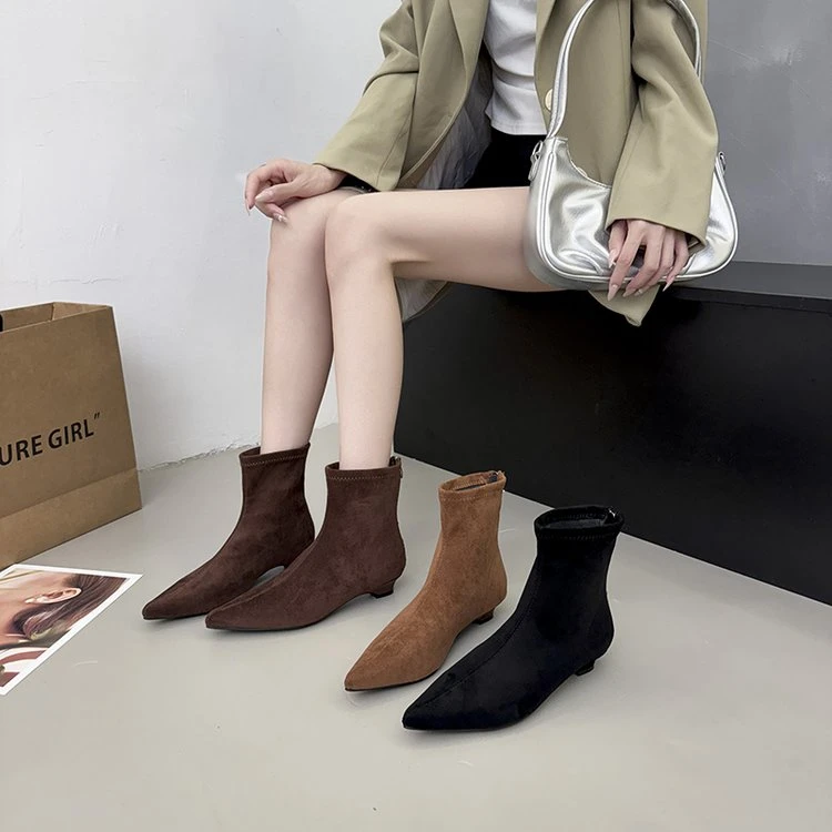 法式低跟粗跟尖头高跟冬季简约时装靴短靴复古