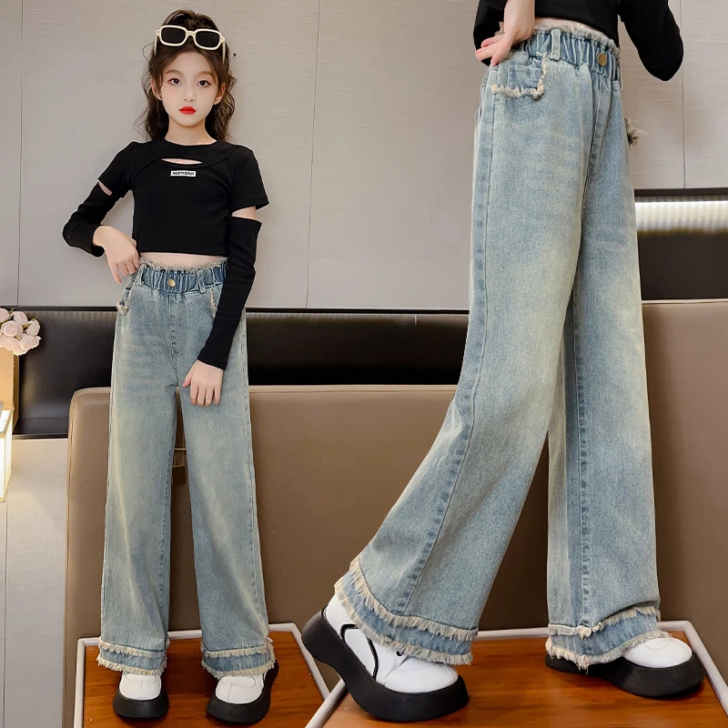 女童阔腿牛仔裤子春秋季新款2025爆款儿童装洋气直筒裤大童女孩YZ