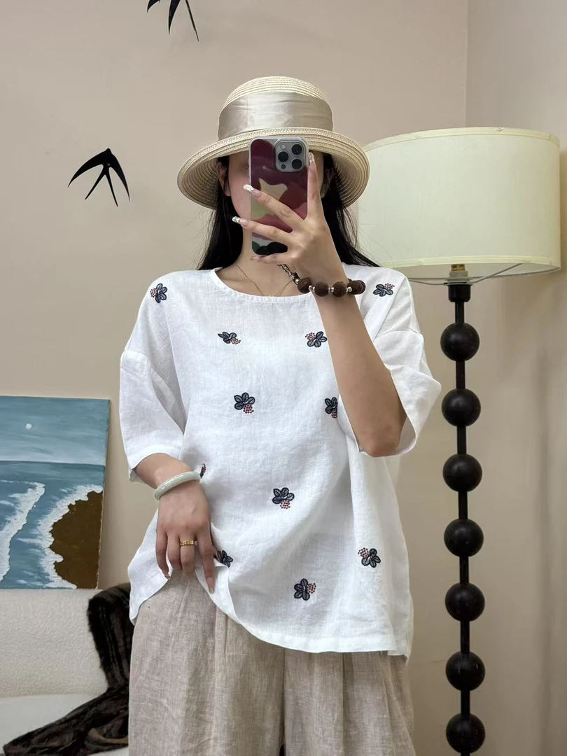 【梵·否】5510新款小花短袖上衣女显瘦重工刺绣宽松短袖