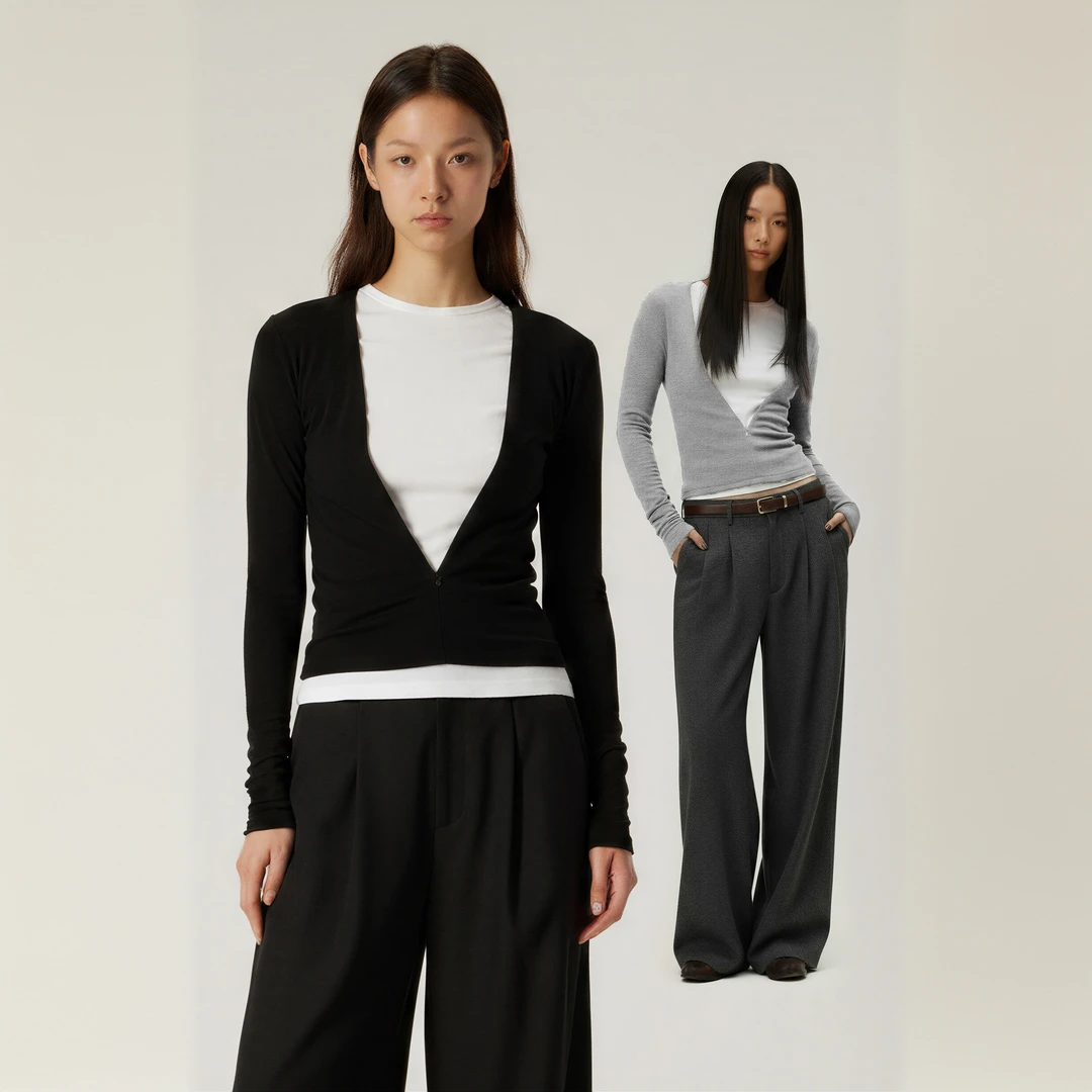 ChicSoso莫代尔可调节V领修身上衣秋季收腰显瘦短早秋女款收腰V领