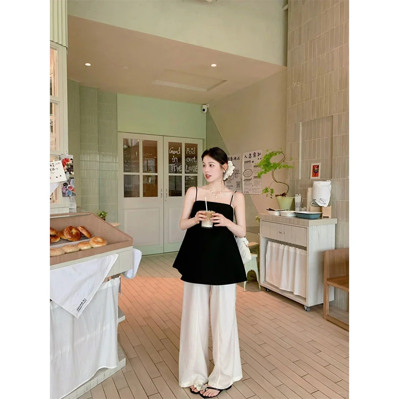 韩系复古洋气甜美黑色吊带上衣高级感休闲宽松百搭白色阔腿裤套装