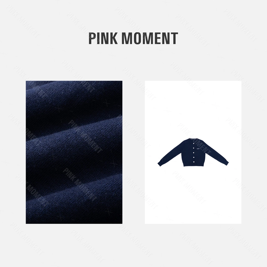 PM王囡囡 藏青色绵羊毛桑蚕丝镂空花边领字母针织开衫 ND1C1280