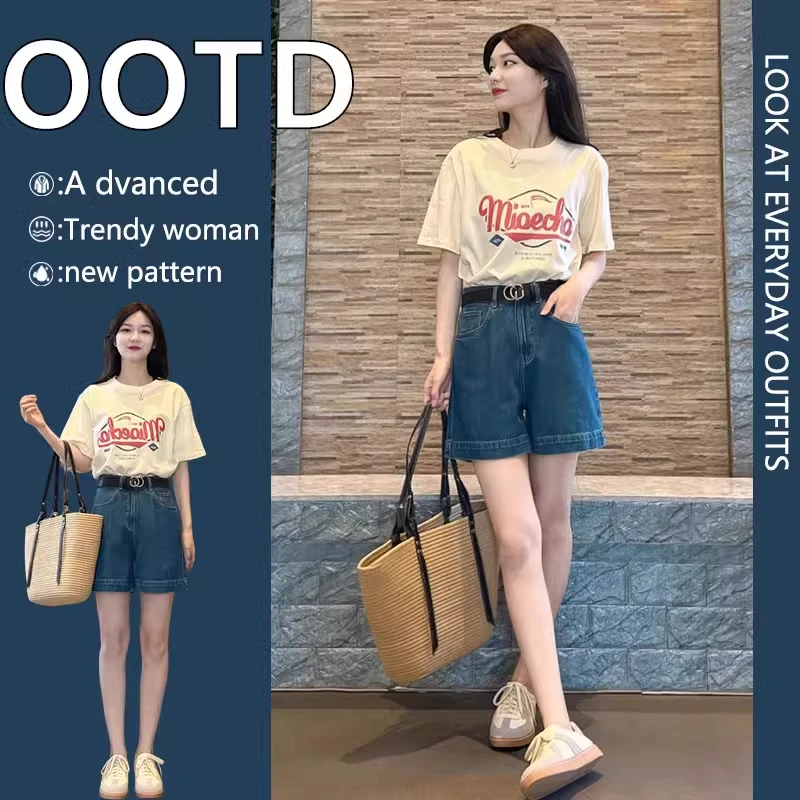 韩系时尚小个子穿搭减龄显瘦牛仔短裤印花T恤两件套女夏季通勤