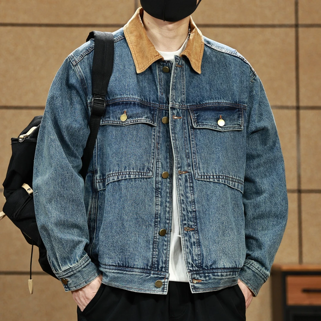 布拉格经典复古灯芯绒撞色翻领牛仔外套男士秋季宽松美式工装夹克