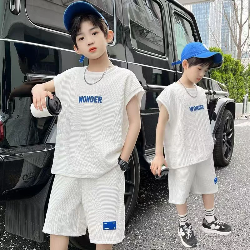 简约男童字母无袖套装夏季韩版短裤童装中大童背心套装