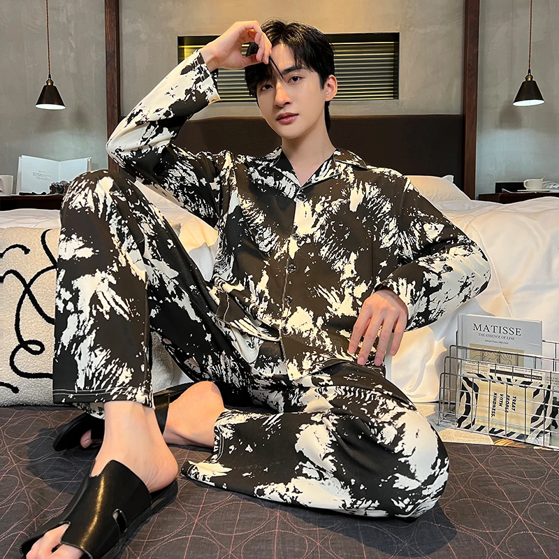 春季翻领纯棉睡衣男款可外穿简约休闲长袖长裤家居服两件套装宽松