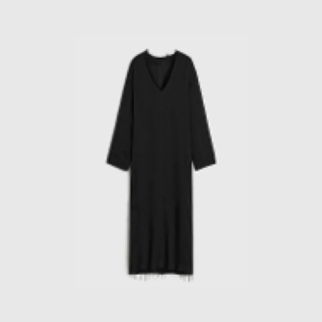 法国手工编织纱线毛边廓形V领连衣裙