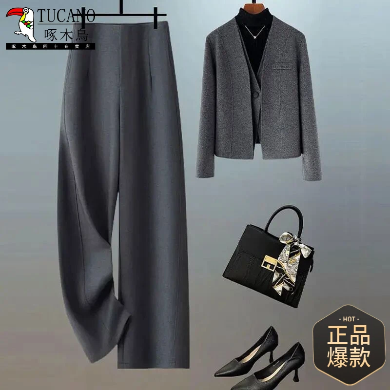 醋酸羊毛香蕉阔腿裤女2025秋冬新款高腰显瘦绵羊毛呢休闲长裤