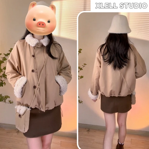 韩系仿羊羔毛翻领外套女2025冬季新款高级小众洋气小个子短款上衣