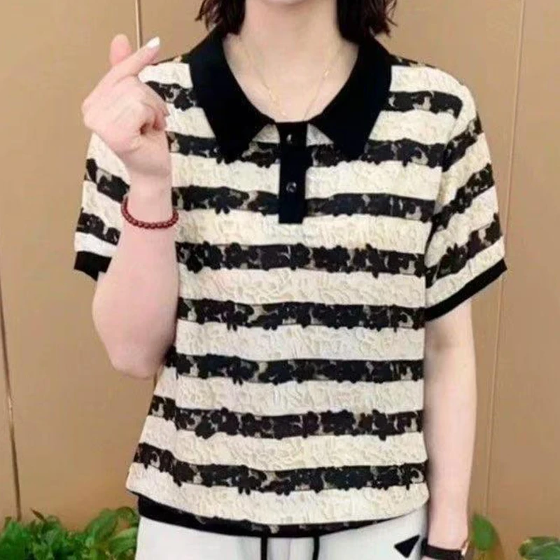 2025爆款妈妈装时尚娃娃领条纹印花短袖T恤减龄百搭夏季女上衣