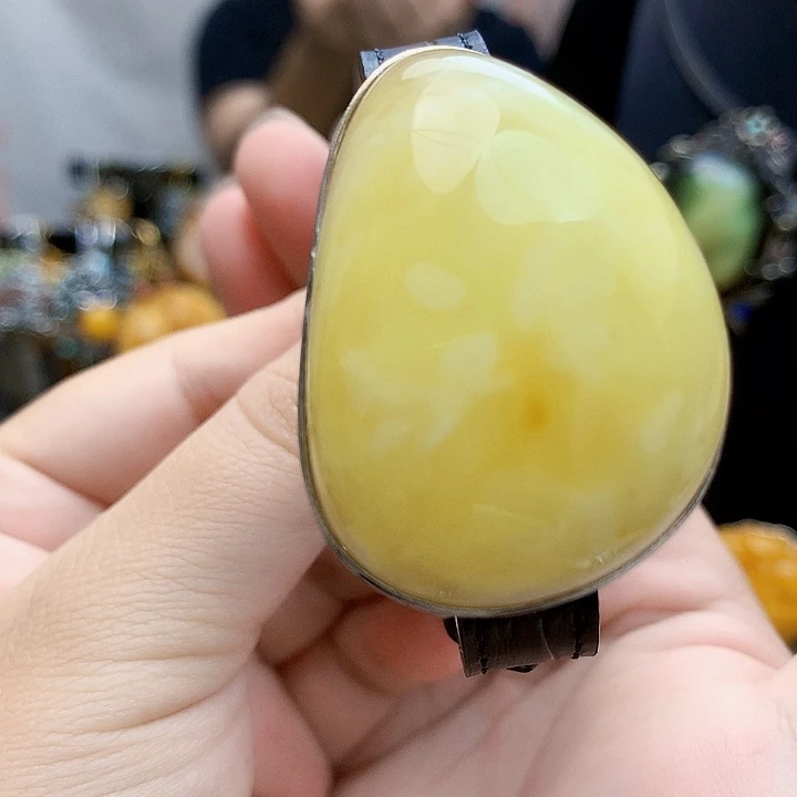银S925镶嵌琥珀裸石手镯