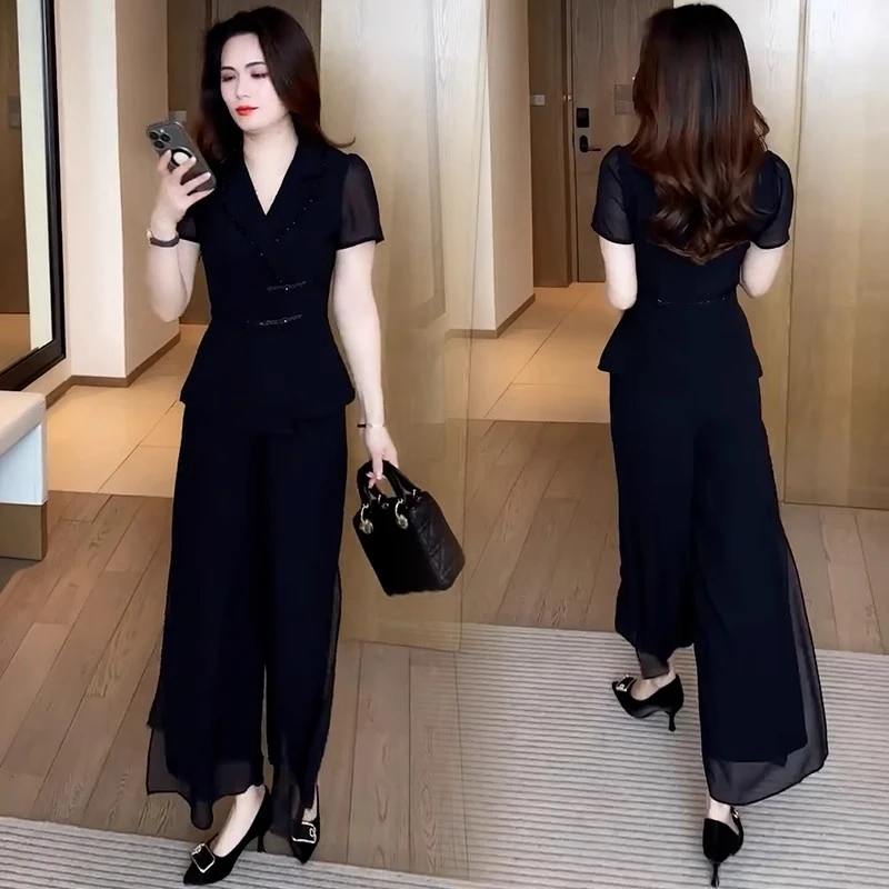 时尚雪纺套装女2025夏季新款洋气显瘦盘扣短袖上衣阔腿裤两件套潮