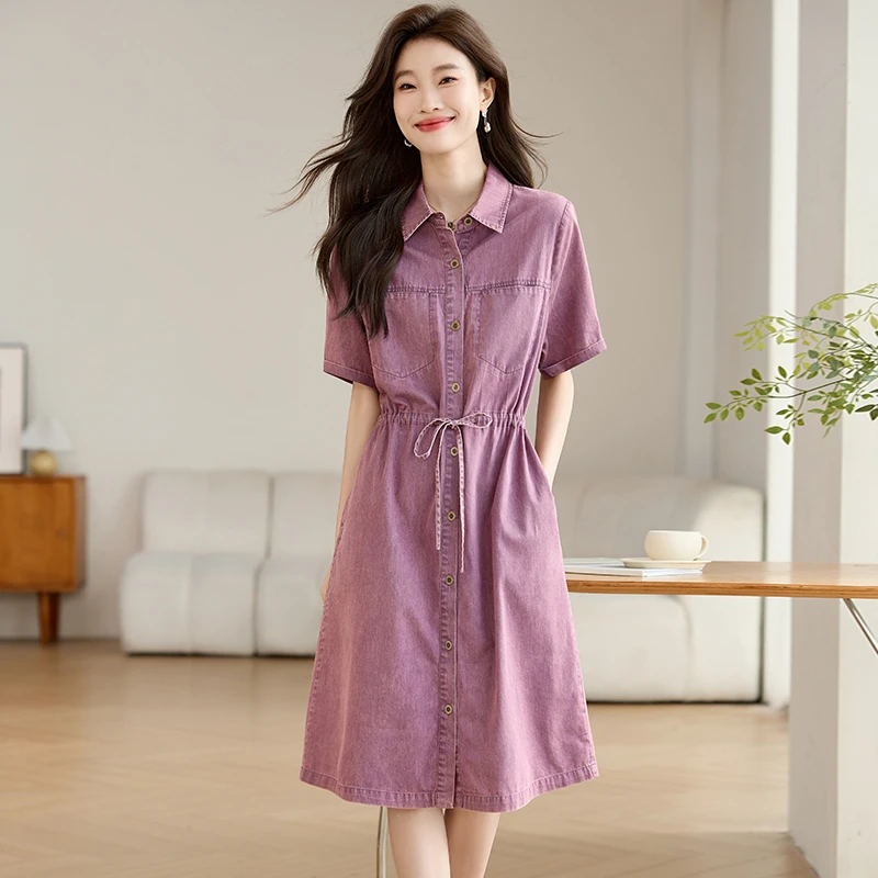 时尚纯棉牛仔连衣裙女中长款2025夏季新款休闲收腰遮肚短袖衬衫裙